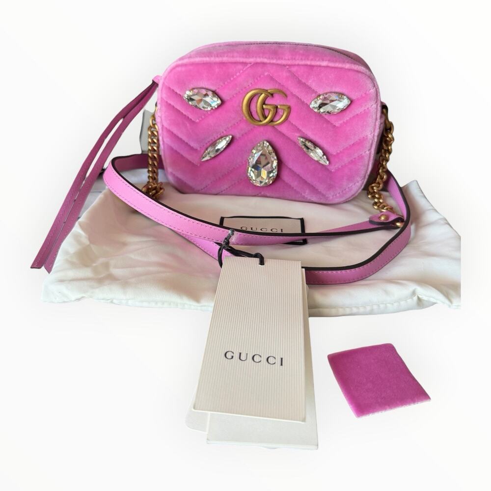 Gucci Pink Velvet Crystal Mini GG Marmont Camera Bag 448065 Dust Bag